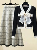 Fall Winter Knitwear Two Piece Sets For Women Outfits French Vintage Fragrance Bow Bandage Knitted Sweater+Plaid Skirt