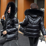 Women Winter Hooded Thick Short Jacket Solid Casual Glossy Warm Cotton Padded Parkas Fur Collar Winter Coat