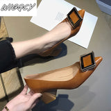 Heels Pointed Toe Pumps Shoes Women Leather Med Heels V Mouth Casual Office Lady OL Shoes 5 cm