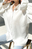 Women's Cotton Shirt 100% Loose Long Sleeve Top Elegant Blouse with Ruffles Button White Oversize Shirt Turn-down