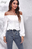 Neck Women Blouse White Black Off Shoulder Bandage Shirt Spring Summer Slim Lantern Sleeve Solid
