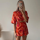 Fashion V Neck Drawstring Button Up Short Sleeve Blouse Women 2022 Geometry Print Belly Button Exposed Cropped Tunic