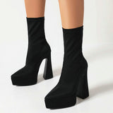 Fashion Women Ankle Boots Stretch Fabric Platform Square High Heel Punk Boots Pointed Toe Autumn Winter Ladies