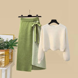 Women Autumn Winter Warm Knitted Two Pieces Sets Korean Long Sleeve Pullover Sweater Top And High Waist Skirts