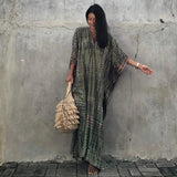 Printed V-neck Batwing Sleeve Side Split Loose Dress For Women Clothes Plus Size Beachwear Maxi Dress