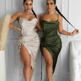 Satin Elegant Drawstring Midi Dress Women Sexy Strap High Split Skinny Dresses Summer Green Solid Backless