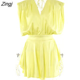 Deep V Neck Satin Dresses Women 2022 Spring Sexy Sleeveless Elegant Blue Robe Solid Backless Bodycon Mini Dress