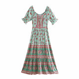 Queens Women Floral Print Beach Bohemian Maxi Dresses Ladies V Neck Front Button Rayon Boho Pleated Sundress