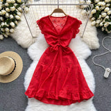 Women Hollow Out Drawstring Dress Sexy V-Neck Sleeveless High Waist A-Line Ruffle Hem Draped Vestidos