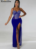 Sexy Blue Rhinestone Crystal Patchwork High Split Maxi Dress New Women Sleeveless Strap Night Clubwear Long