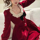 Vintage Red Mini Dress Women Y2K Bow Lace Patchwork A Line Dresses Christmas Party Sweet Korean Square Collar Vestidos