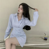 Shirts Dress Women Korean Irregular Folds A Line Dress Office Lady Elegant Long Sleeve Asymmetrical Pleated Slim