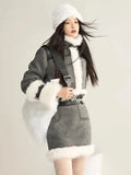 Artificial Leather Jacket Women Lapel Winter Coat Vintage Female Fleece Warm Thick Chic