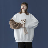 Hoodie Cartoon Bear Patchwork Long Sleeve Women Sweetshirts Kawaii O-Neck Pullover Couple Sweatshirt