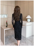 Sexy Black Lace Long Sleeve Midi Dresses Women 2023 Spring Autumn Korean Elegant Fashions Evening Party Female