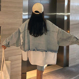 Spring Autumn Long Sleeve Stitching Design Trendy Women Shirt+sleeveless All-match Denim Jacket 2 Piece Set Casual