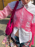 Y2K Aesthetics Pink Patchwork Open Shoulder Knitted Pullovers 2000s Cute Fashion Halter Ripped Backless Crop Tops