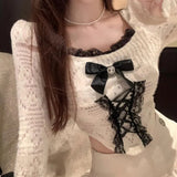 Women's Elegant Long Sleeve Crop Tops Bowknot Lace Patchwork Sweetheart Neckline Spring Fall Casual Slim Fit
