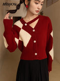 Knitted Cardigan for Women 2022 Autumn Winter French Chessboard Rhombic Retro Red Hollow Out Female Sweaters