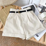 Rolled Wide-leg Shorts Women Korean Retro Elastic Waist Loose Casual Short Pants With Belt Loose A line Shorts