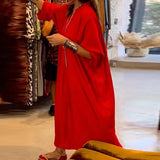 Spring Summer Casual Loose Long Dress Fashion Ladies V-neck 3/4 Sleeve Beach Dress Vintage Pocket Straight Bohemian