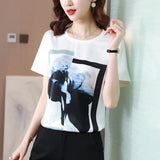 Fashion Women Shirt Silk Blouses for Woman Short Sleeve Shirts Tops Woman White Print Pullover Summer OL Blouse Tops