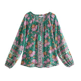Queens Women Floral Printed V-neck Lace-up Boho Blouse Shirts Ladies Rayon Long Sleeve Bohemian