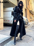 Spring Autumn Extra Long Oversized Cool Reflective Shiny Black Paten Leather Trench Coat for Women Belt Runway