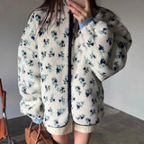 Fur Floral Print Zipper Jacket- Outfit