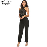Black Sequins splice summer bodysuit women one piece body femme Halter vintage jumpsuit elegant Nightclub overalls 2020