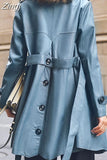 Spring Autumn Classy Blue Faux Leather Trench Coat for Women Belt Elegant Luxury Designer Clothes Runway Fashion