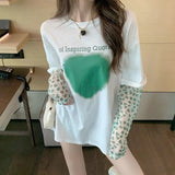 Leopard Mesh Sleeve Patchwork Women T-shirt Fake 2 Pieces Women T Shirt Heart Print Short Sleeve Ladies Tshirts
