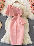 Off Shoulder Party Dress Women Summer Diagonal High Waist Irregular Ruffle Bodycon Vestidos Female Casual Red/Pink Robe