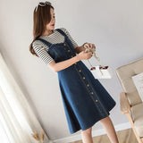Large Size S-5XL Women Denim Dress Summer High Waist Single Breasted Blue Jeans Suspenders Midi Dress Casual Cotton