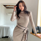 Patchwork Slim Woman Dress Vintage Full Sleeve Knitted Midi Dress Women Autumn Winter Elegant Sweater Knit Dress