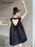 Heart Backless Jacquard Sleeveless Summer Babydoll Dress Women Kawaii Cute Mini Little Black Dress Sundress