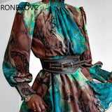 Women Chic All Over Print with Abstract Pattern Lantern Sleeves Turtleneck Sashes Mini Working A Line
