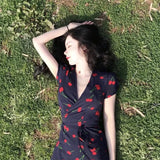 Vintage Dress Women Cherry Print Short Sleeve A Line Midi Dress Vacation Beach Female Elegant V Neck Slim Chiffon