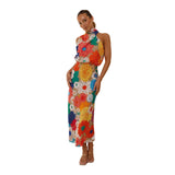 Zingj Years Holiday Style Fashion Print Hanging Neck Sleeveless Waist