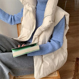 Winter Women Solid Loose Vest Drawstring Stand Collar pocket Short Vest Jacket Cotton Padded Windproof Warm