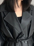 Spring Autumn Long Oversized Black Leather Trench Coat for Women Sashes Single Button Loose Stylish Korean Fashion