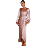Zingj Summer Sexy Big V-Neck Waist Waist Lace With Satin Lantern Sleeve