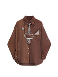 Fashion Women Corduroy Cute Embroidery Blouse Long Sleeve Lapel Collar Single Breasted Female Casual Baggy Tie Shirt