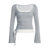 Solid Color Patchwork Stitching Side Long Sleeve TeeOutfit
