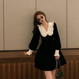 Korean Long Sleeve Mini Dress Women Spring Vintage Slim Vestidos Sweet Female Ruffles Peter Pan Collar Black Velvet