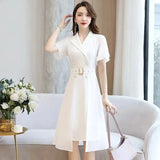 summer fashion suit collar dress female celebrity temperament mid-length French dress with waist and thinness reducing