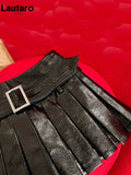 Spring Summer Black Shiny Patent Pu Leather Mini Pleated Skirt Women Belt High Waist Short Luxury Designer Y2K