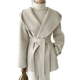 Chic Autumn French Temperament Hooded Pocket Design Strapped To The Waist Thin Solid Color Long-Sleeved