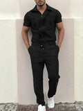 Summer Long Sleeve Stand Collar Zipper Romper For Men Casual Simple Long Pants Homesuit Fashion Mens Solid Lace-up