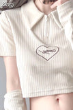 Half Zipper Turn-Down Collar T-Shirts Japan Style Chic Heart Print Crop Tops Short Y2k Tees Summer Oversleeve
